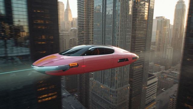 Futuristic pink hover car navigating urban cityscape