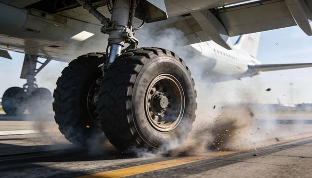 Airliner main landing gear touching down generating smoke and sparks on runway