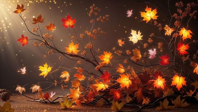 Vibrant autumn leaves on artistic branch display