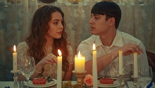 Couple Enjoying Romantic Candlelit Dinner with Gourmet Dishes