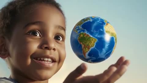 Smiling African American child tracking floating globe, discovering planet Earth with wonder