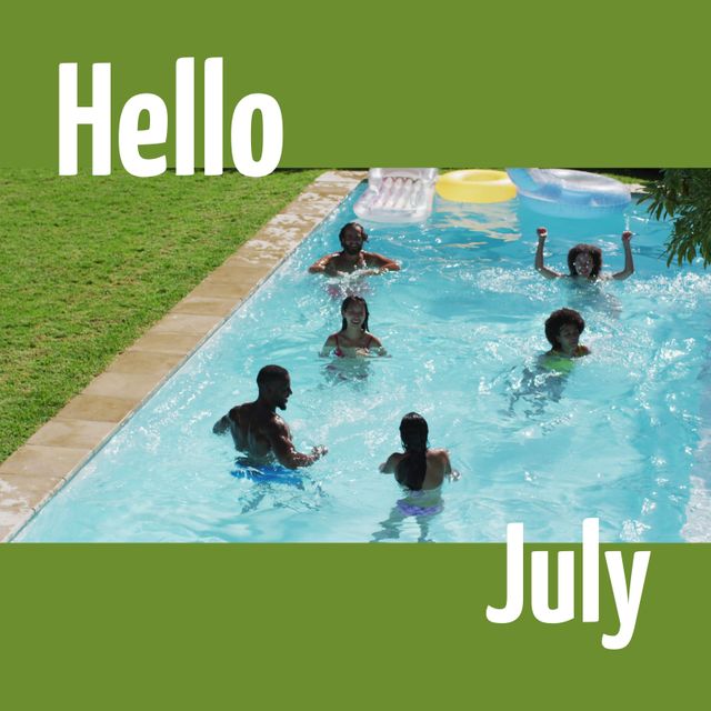 Friends Enjoying Summertime Pool Party with Hello July Message - Download Free Stock Templates Pikwizard.com