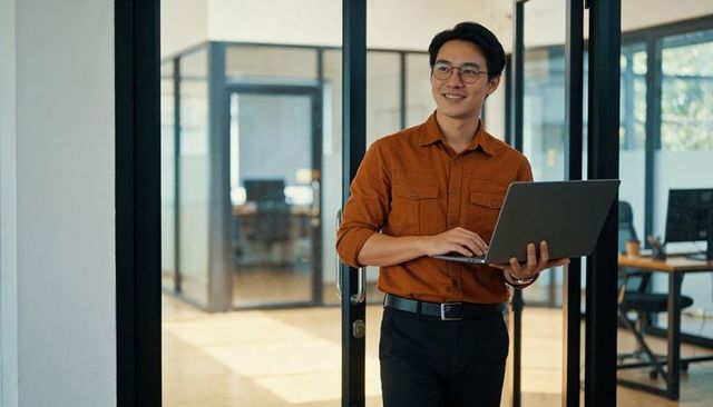 Young asian professional working on laptop in modern glass office coworking workspace