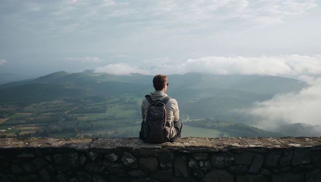 Male hiker sitting on stone wall overlooking misty valley and rolling hills at sunrise