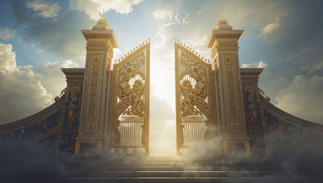 Glowing ornate golden gates opening to heavenly light with filigree pillars and mist