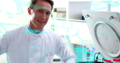 Happy Scientist Analyzing Data in High-Tech Laboratory