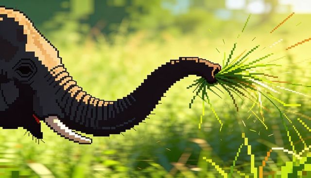 Pixel-art elephant trunk holding grass in sunlit meadow, 8-bit retro wildlife illustration
