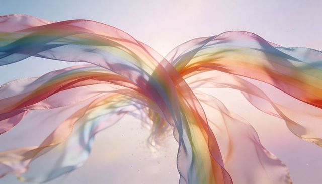 Flowing rainbow chiffon ribbons twisting in backlit pastel light, translucent silk motion