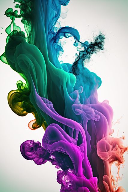Colorful ink swirls create vibrant, fluid art against a white background. Bright, varied shades blur the lines between the colors. Suitable for background design, creative projects, or abstract art themes.