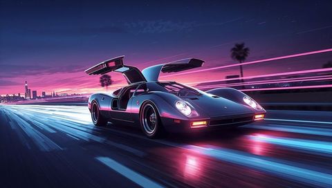 Neon Synthwave Gullwing Supercar Racing Coastal Highway at Dusk with Wet Reflections