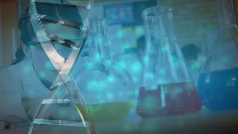 DNA Strand and Scientist in Laboratory with Chemical Solutions