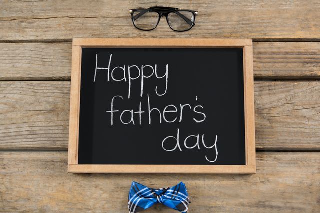 Happy fathers day text on slate by eyeglasses and bow tie on table