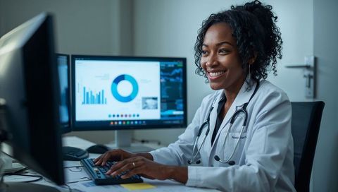 Smiling physician typing and analyzing patient data on dual monitors in medical office