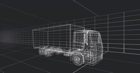 Wireframe Box Truck Rotating in 3D Viewport on Grid Plane for Vehicle Modeling and CAD