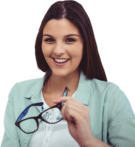 Smiling Woman Holding Glasses on Transparent Background