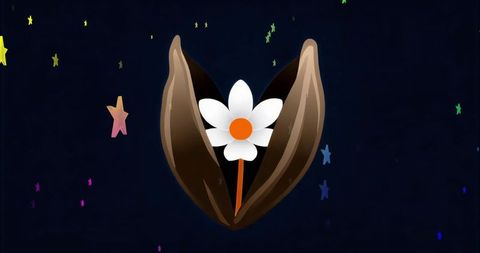 Daisy emerging from brown pod in starry navy sky — vibrant floral cosmic illustration