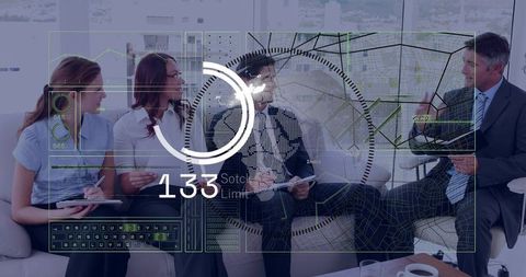 Executive Team Analyzing Digital Data Overlay with Futuristic HUD Collaboration in Office