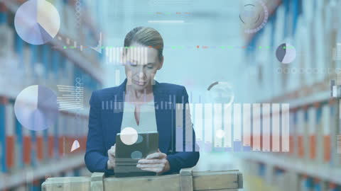 Businesswoman Analyzing Data with Tablet in Modern Warehouse