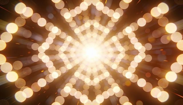 Golden radial bokeh burst creating symmetric light orbs and lens flare for festive design