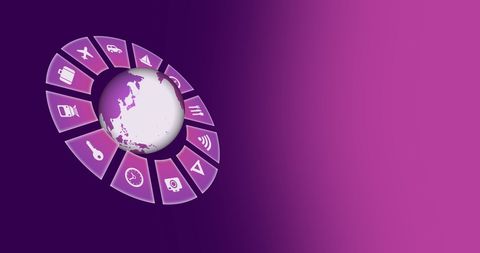 Global travel icons digital interface on pink background