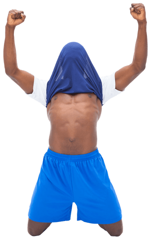 Triumphant Football Player Cheering with Transparent Shirt Overhead