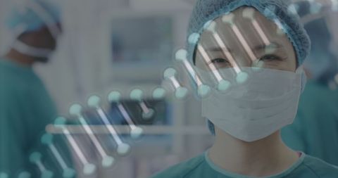 Asian Female Surgeon in Operating Room with DNA Structure Overlay