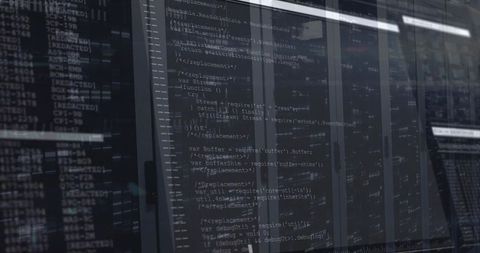 Data Center Reflection with Code Overlay and LED Indicators