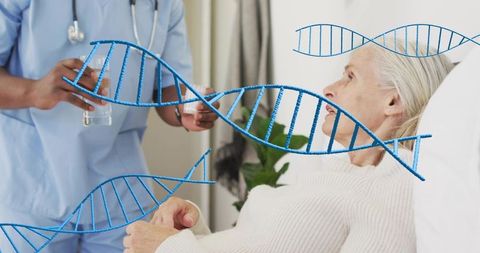 Nurse caring for elderly patient with dna overlay representing genomic and geriatric care