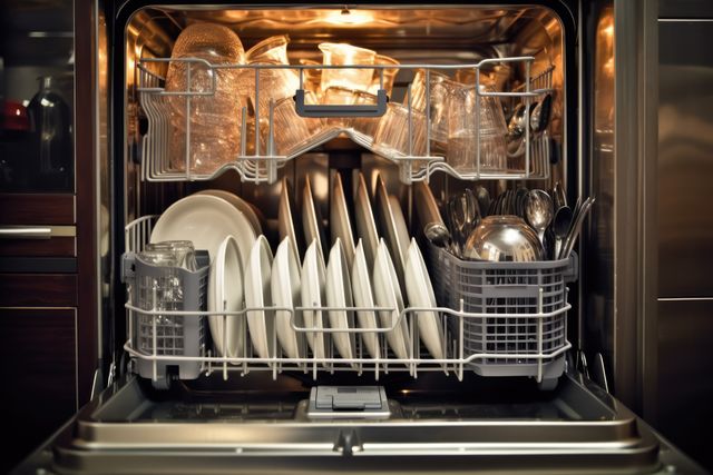 Fully loaded dishwasher with clean plates, glasses, and cutlery. Ideal for illustrating domestic chores, household cleanliness, and efficiency in kitchen appliances. Can be used for advertisements, home improvement articles, and kitchen appliance websites.