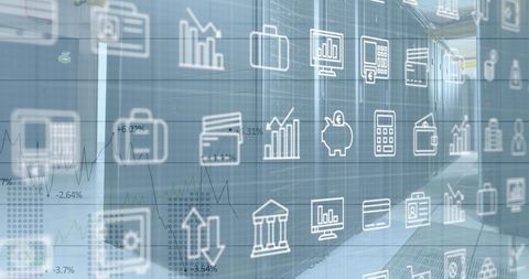 Bright Digital Overlay Icons on Data Server Background