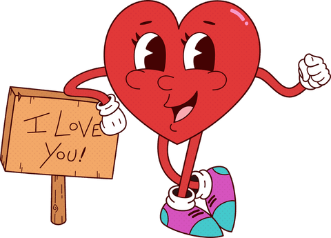 Whimsical heart character holds romantic i love you sign illustration