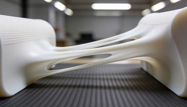 Showcasing 3d-printed openwork polymer prototype on textured workshop mat