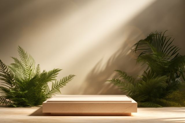 Sunlit Minimalist Wooden Platform with Green Foliage - Download Free Stock Images Pikwizard.com