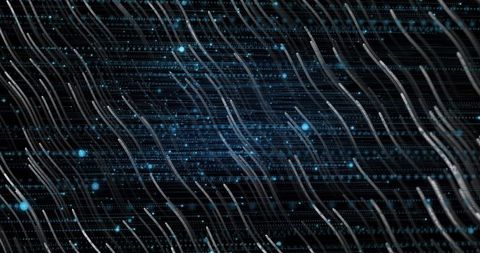 Flowing digital data strands creating turquoise node grid with dotted matrix background