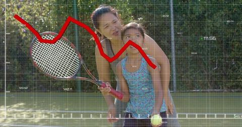 Coach guiding girl practicing tennis forehand on outdoor court with digital analytics overlay