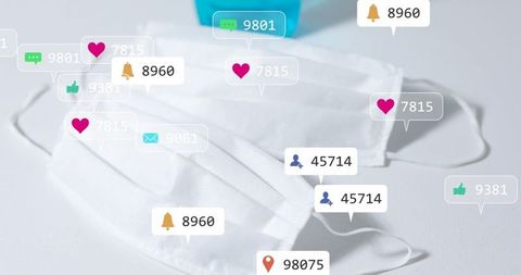 Face Masks with Social Media Icons Representing Digital Communication