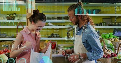 Young Clerk Bagging Produce While Digital Data Overlays Displaying Analytics in Eco Market