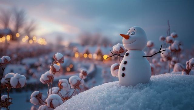 Miniature Snowman Embracing Winter Wonderland at Dusk