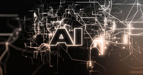 Glowing ai text with abstract digital network background