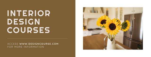 Perfect for promoting online interior design courses. Floral arrangement symbolizes creativity, with kitchen decor scene enhancing aesthetic appeal for potential students interested in home styling techniques.