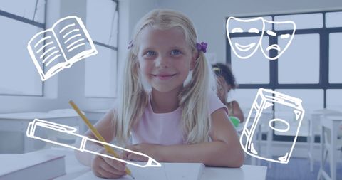 Smiling Schoolgirl at Desk with Literary Icons in Classroom - Download Free Stock Images Pikwizard.com