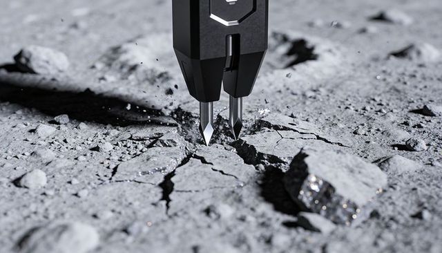 Space sampler penetrating regolith with chisel tips kicking dust and sparkling minerals