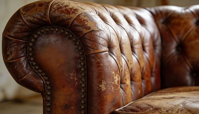 Worn chesterfield sofa arm showcasing tufted leather, brass nailhead trim, aged patina