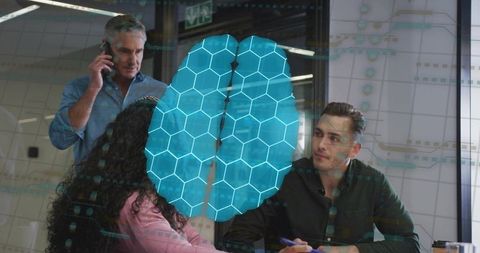 Innovative Team Collaborating with Futuristic Brain Interface