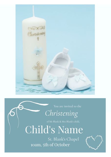 Christening Invitation Template with Candle and Baby Shoes on Blue - Download Free Stock Templates Pikwizard.com