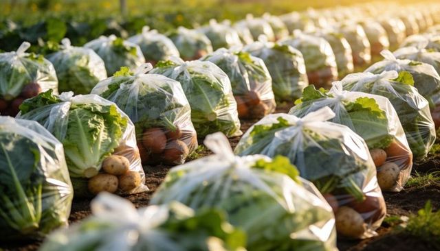 Sunlit vegetable bundles tied in clear plastic bags sitting in neat farm field rows