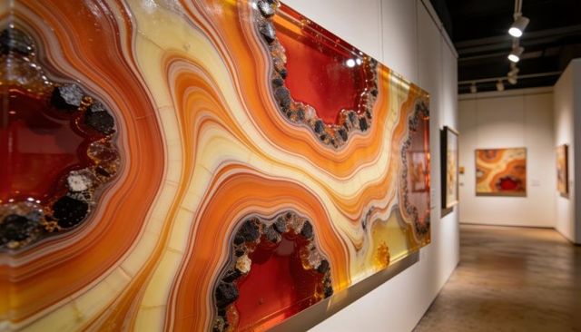 Displaying luminous agate resin panel with glossy crystal geode details in contemporary gallery