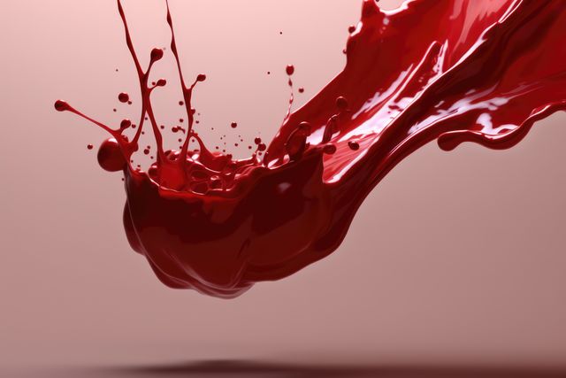 Close up of red liquid splashing on pink background created using generative ai technology. Liquid and colour concept digitally generated image.