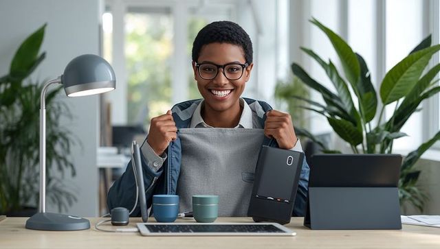Smiling woman holding apron at modern minimalist workspace with tablet, lamp, plants