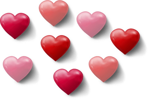 Red and pink hearts on transparent background for love designs